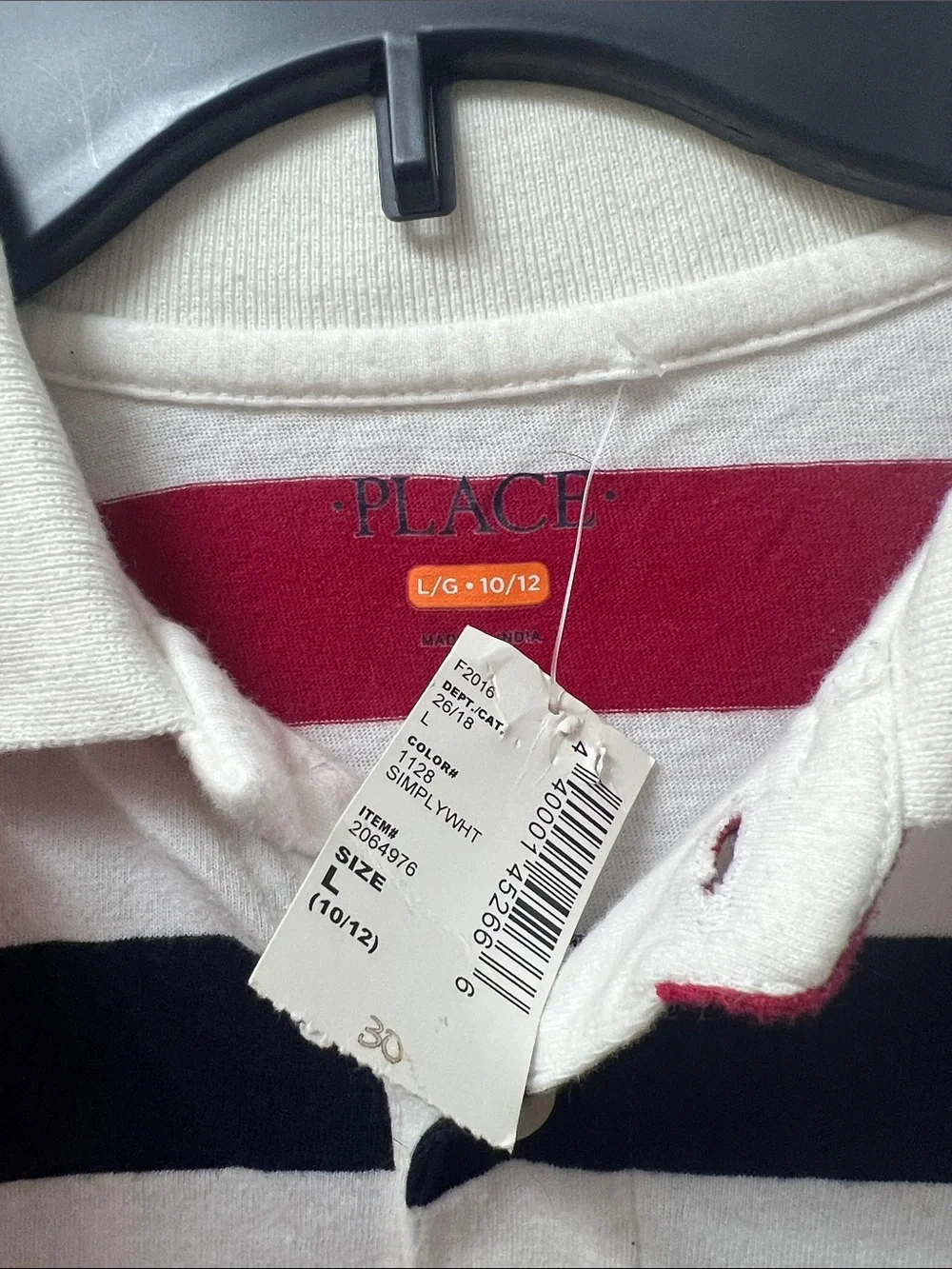 The children’s Place Kids' Striped Colar Tee White, Red & Black Size L (10/12)